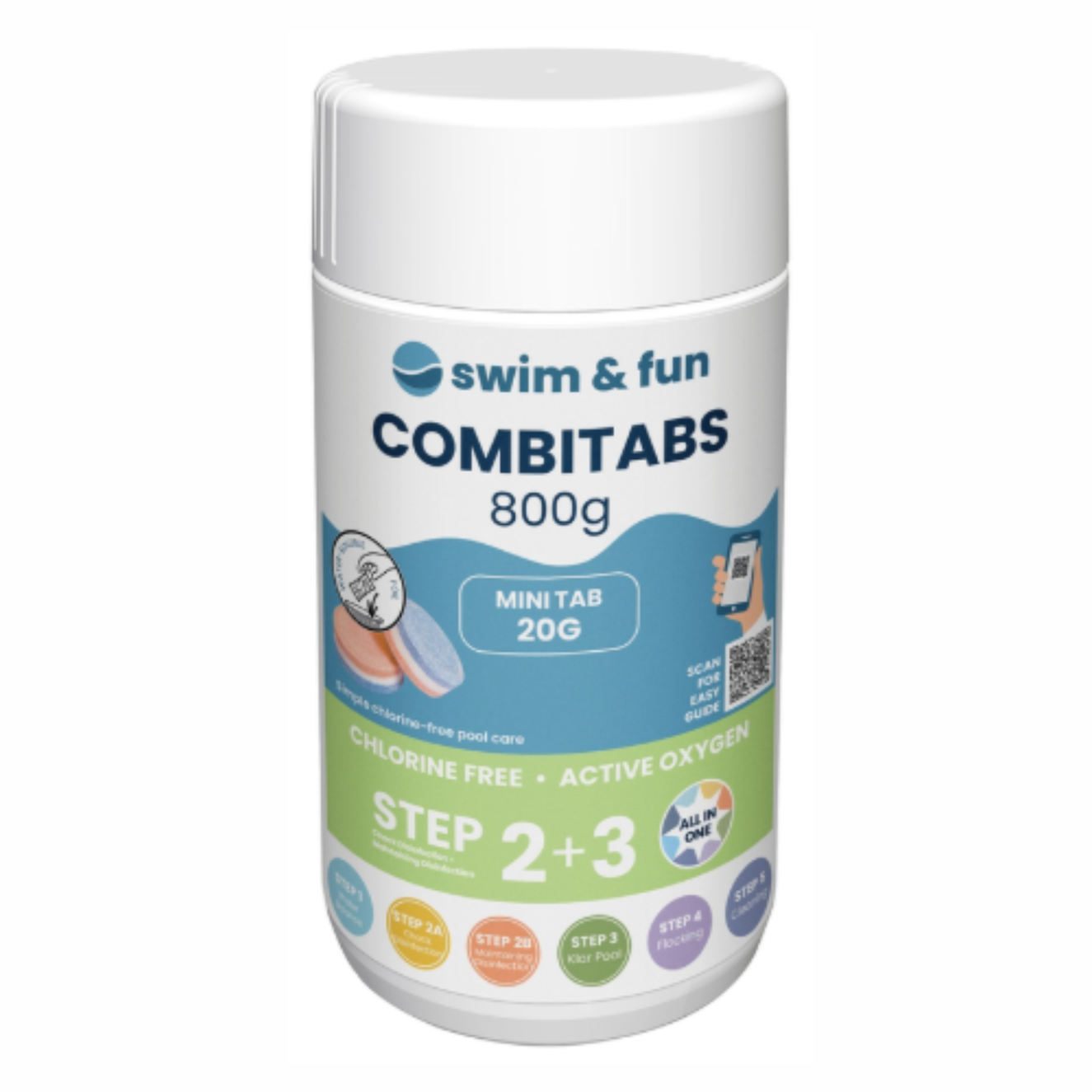 Swim & Fun Chlorine Free CombiTabs 800g active oxygen pool tablets in white container