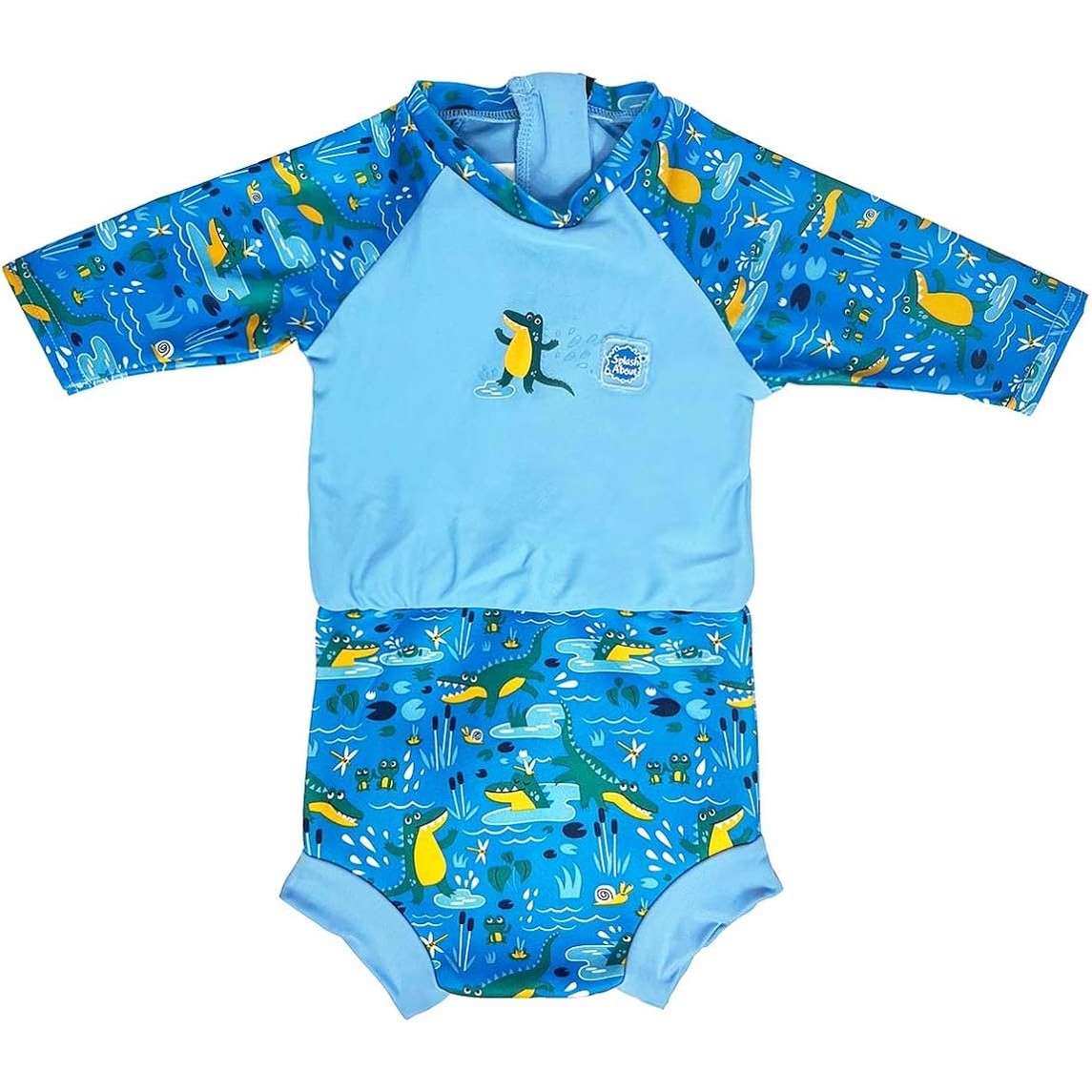 Splash About baby sunsuit with 3/4 sleeves, blue crocodile print rash guard and diaper cover