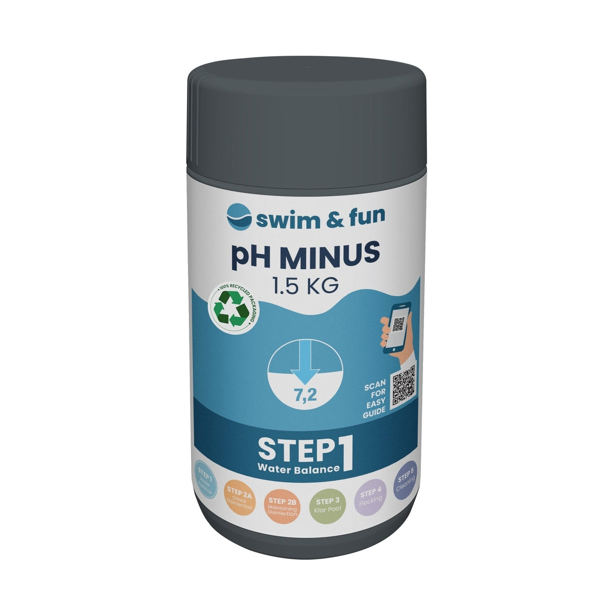 Swim & Fun pH-Minus 1.5 kg, hvid beholder med blåt etiketdesign
