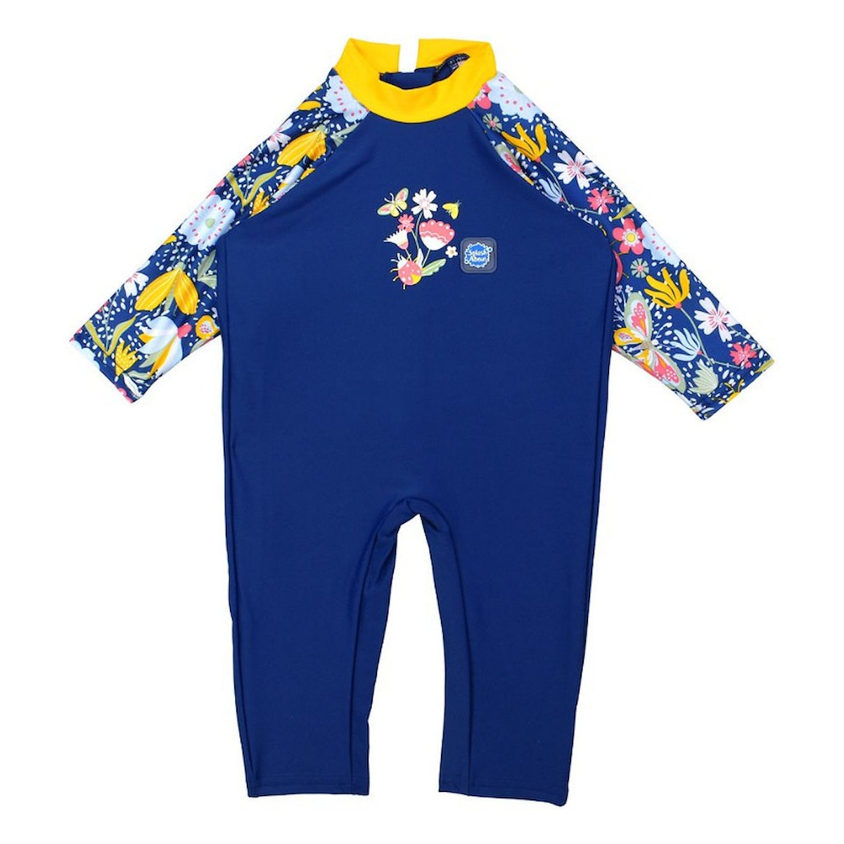 Navy blue baby UV sunsuit with floral butterfly print and yellow collar