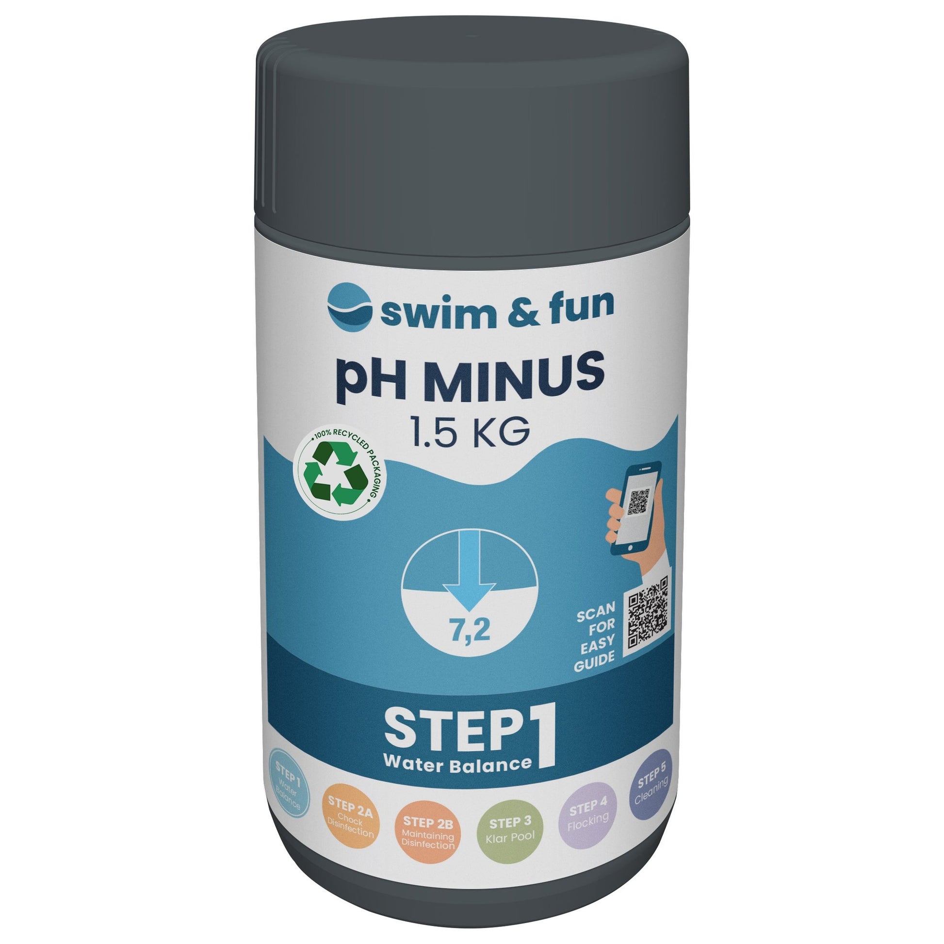 Swim & Fun pH-Minus 1.5 kg, hvid beholder med blåt etiketdesign