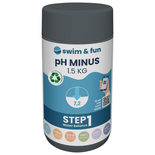 Swim & Fun pH-Minus 1.5 kg, hvid beholder med blåt etiketdesign