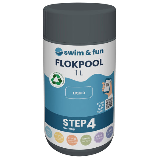 Swim & Fun FlokPool 1L liquid with recycled packaging, QR scan guide for flocking