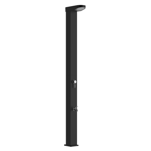 Swim & Fun Malaga 35L outdoor solar shower with black aluminum column, temperature mixing valve and foot faucet