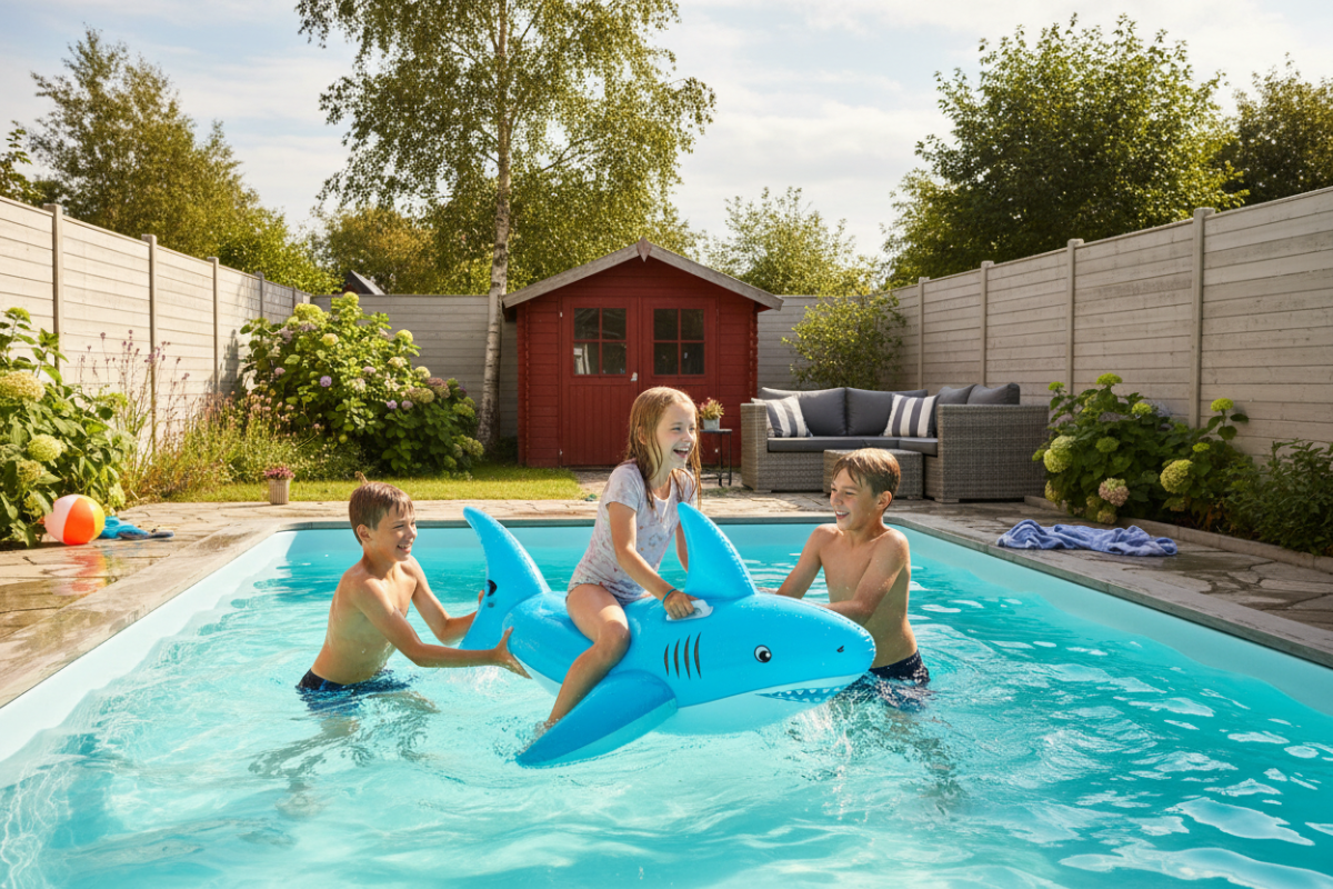 en pige der sidder på en blå oppustelig haj, men hendes 2 brødre prøver at få hende af, i en pool i dansk sommervejr 